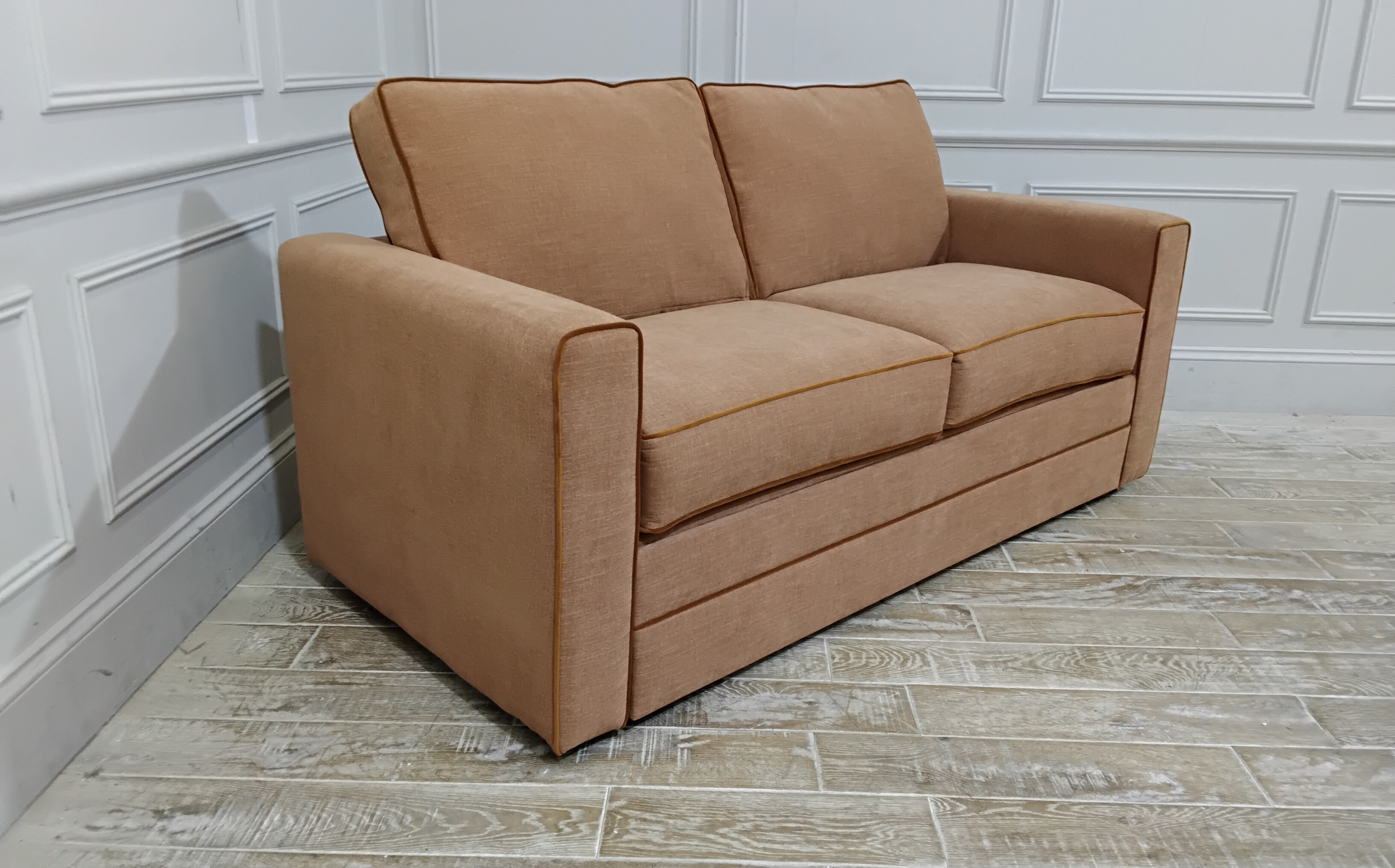 Bromley 3 Seater Sofa Bed in Stain Resistant Linen Cotton Maple Leaf with Stain Resistant Cotton Velvet Gingersnap Piping anf a Pocket Sprung Mattress