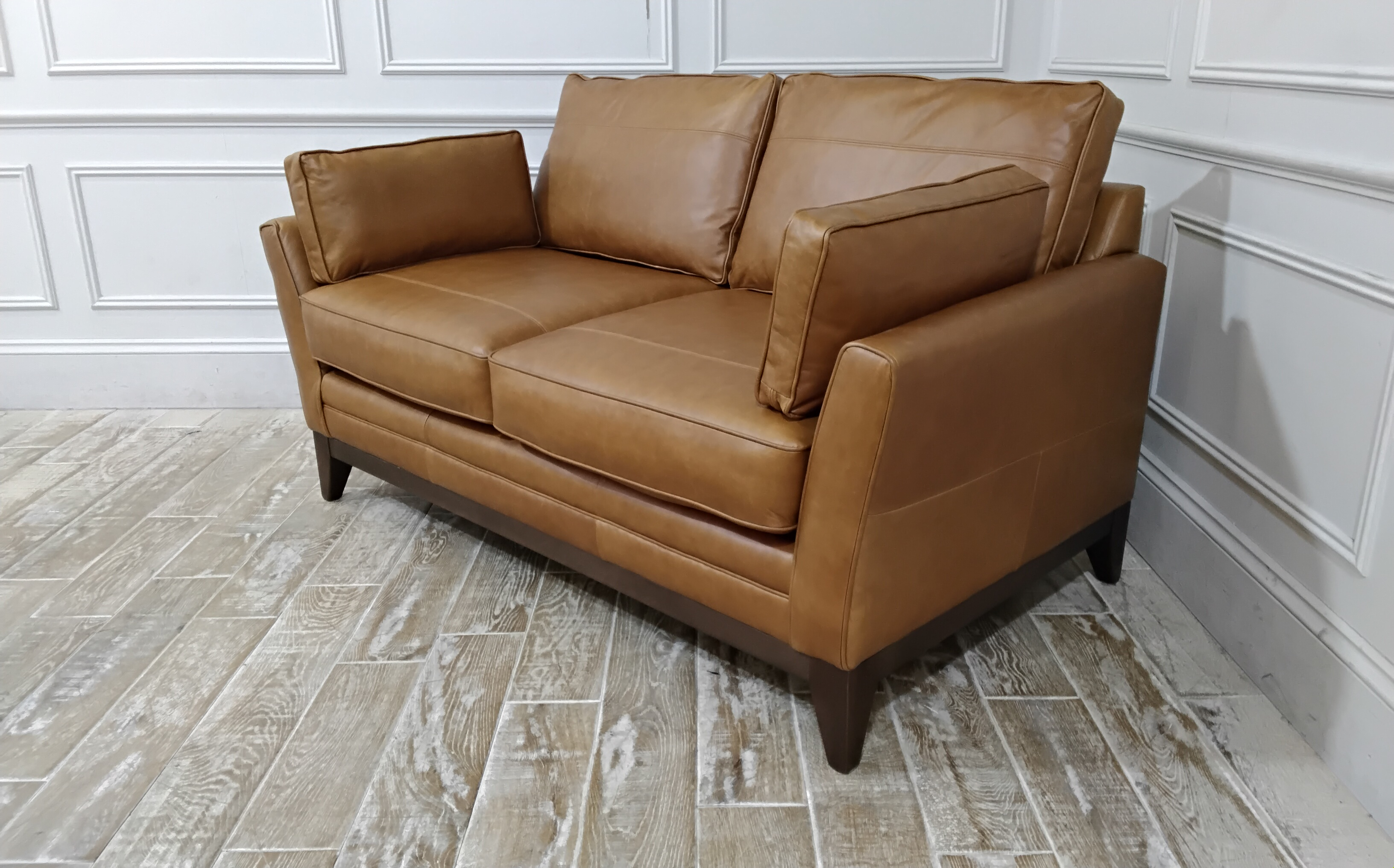 Exmouth 2 Seater Sofa in Hard Wearing Heritage Leather Chestnut with Dark Oak Feet