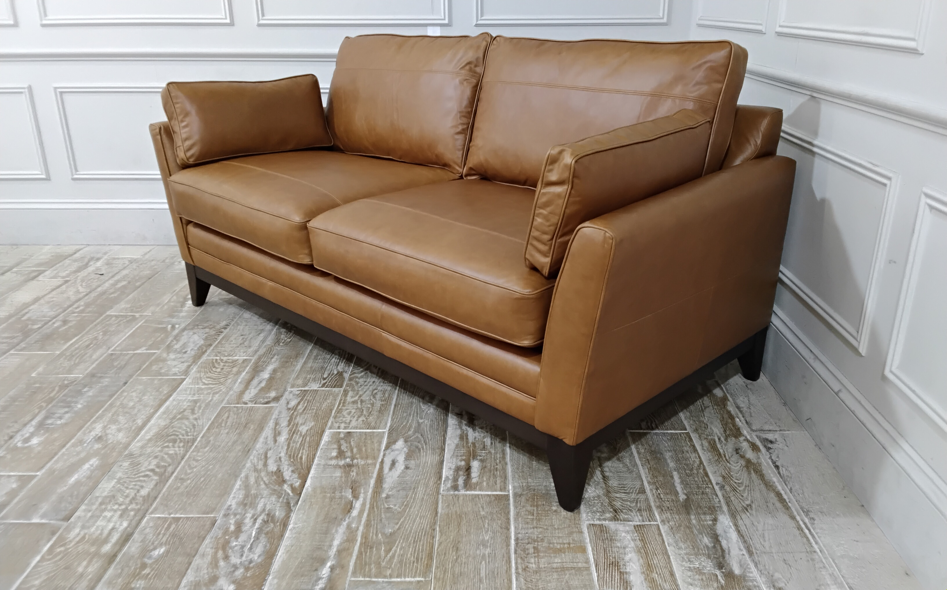 Exmouth 3 Seater Sofa in Hard Wearing Heritage Leather Chestnut with Dark Oak Feet