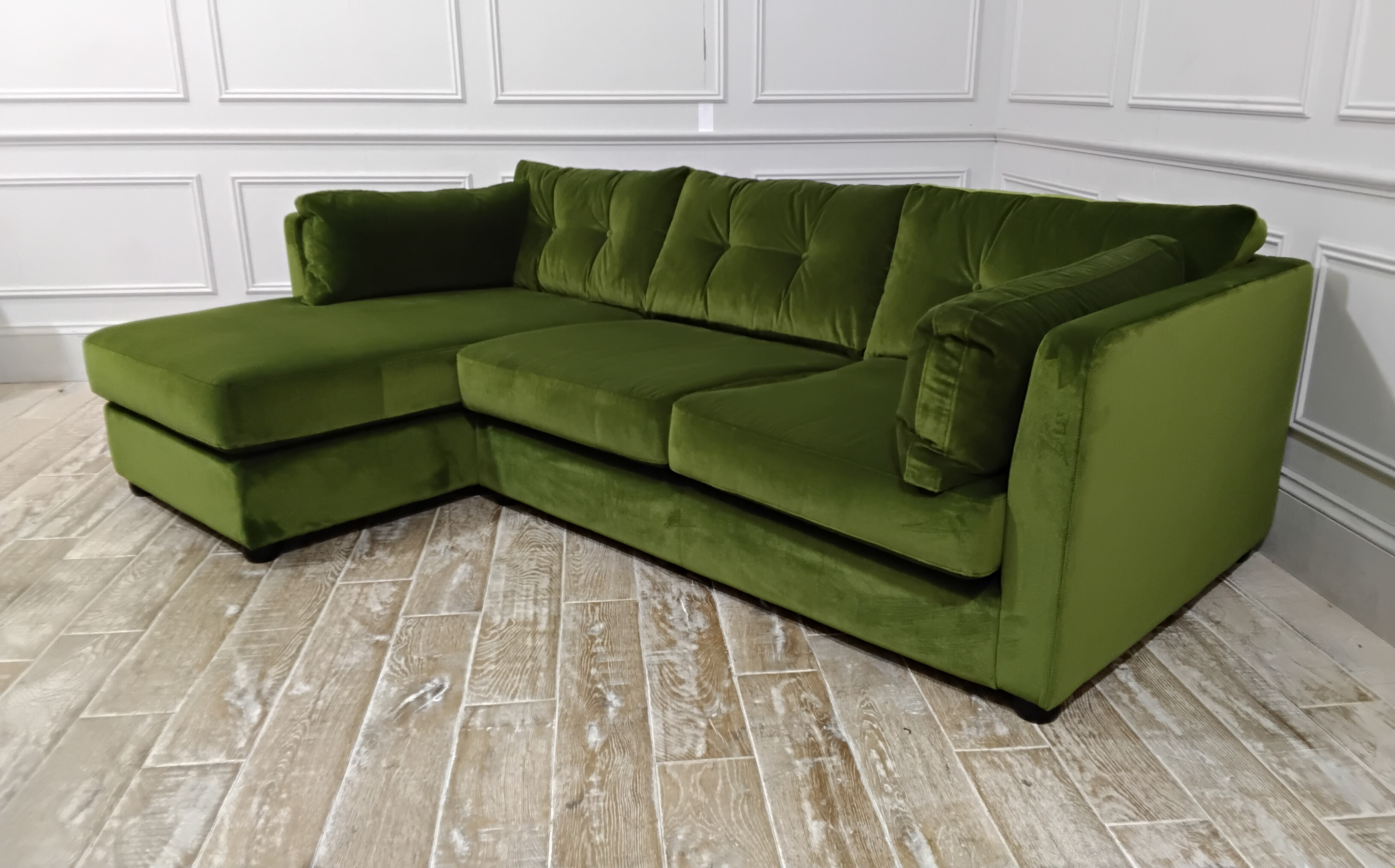 Camden Medium Chaise Sofa in Stain Resistant Cotton Velvet Pine with Ebony Feet