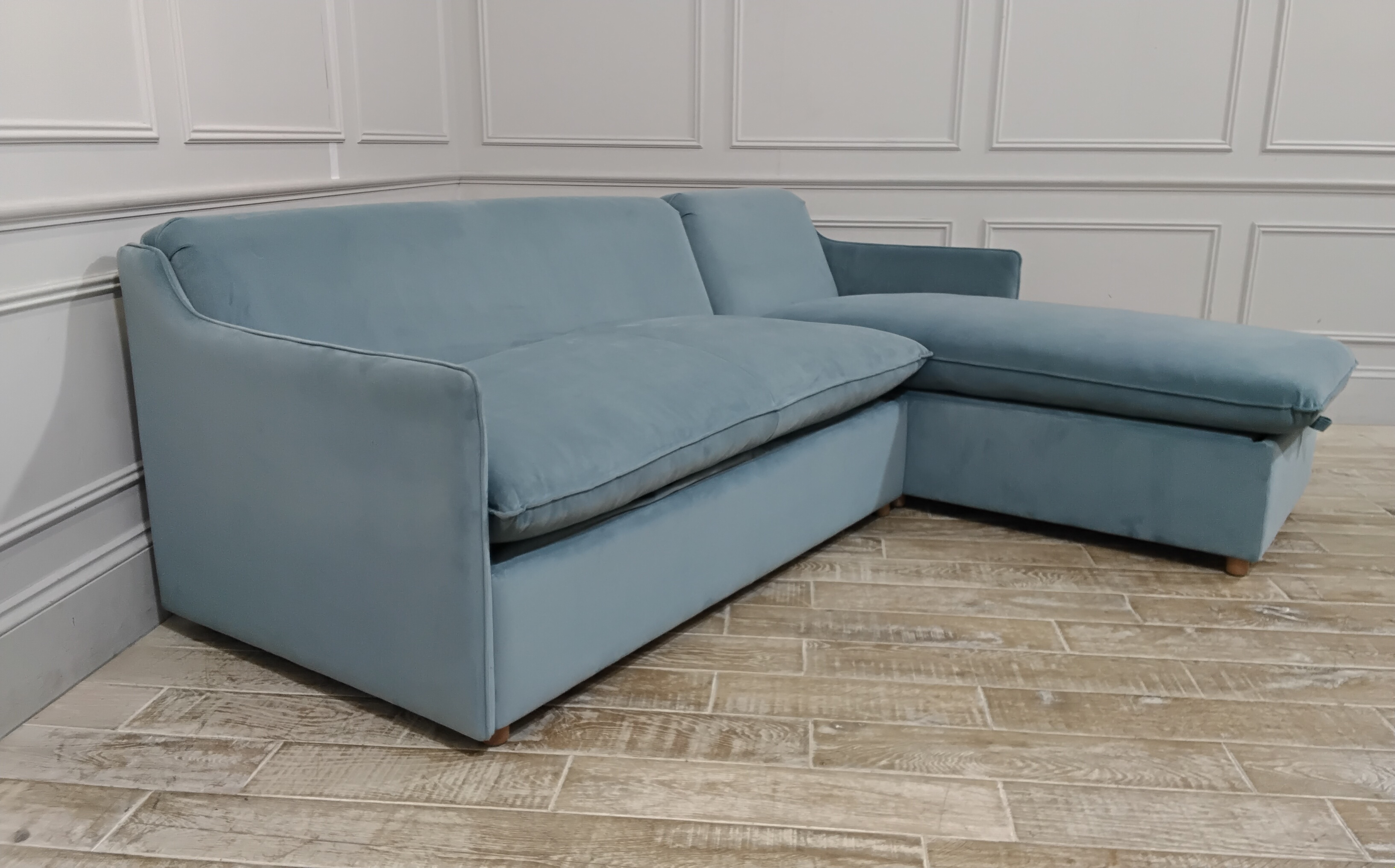 Norbury 3 Seater Chaise Sofa Bed in Easy Clean Recycled Velvet Nordic Sky with a Pocket Sprung Mattress