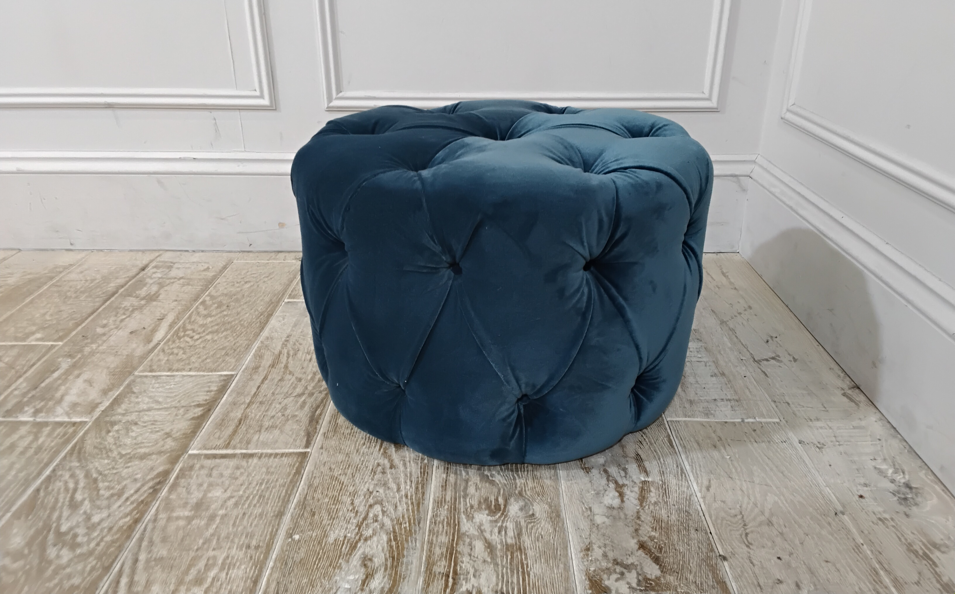 Stratford Small Footstool in Stain Resistant Cotton Velvet Persian Blue