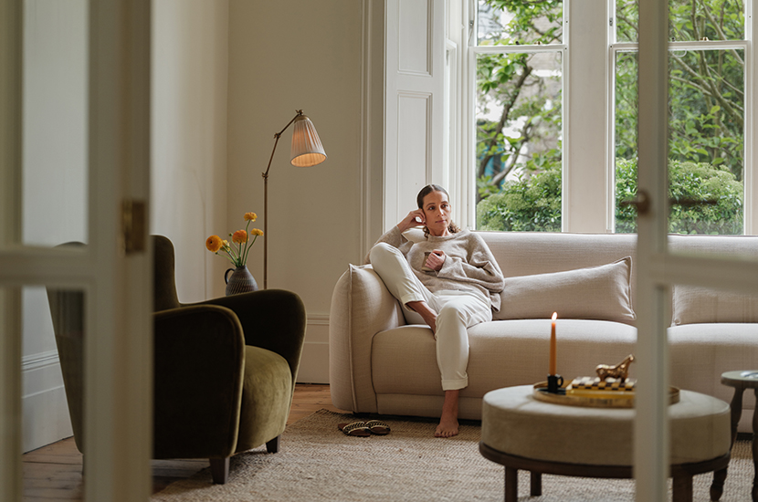 Darlings of Chelsea Clerkenwell sofa in a cost living room with a soft lamp and setting